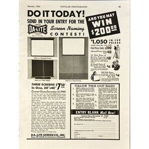 DA-LITE Screen Co. "New Movie Screen Naming Contest!"  Vintage Print Ad 1941